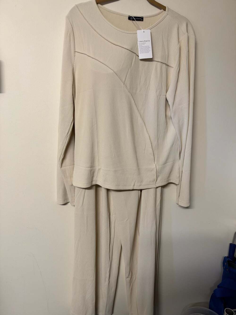LazySmile Loungewear Set Size XXL Beige Ribbed Long Sleeve Top Pants